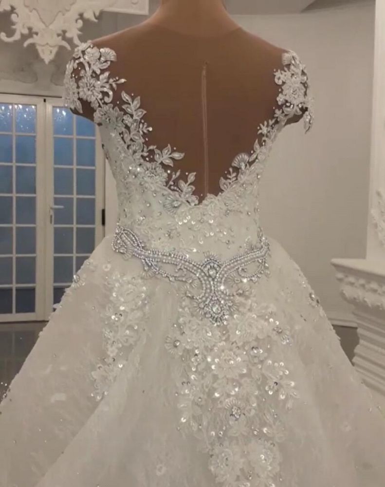 Gorgeous Crystal Lace Off-the-Shoulder V-neck Beading Wedding Dresses with Detachable Overskirt-showprettydress