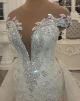 Gorgeous Crystal Lace Off-the-Shoulder V-neck Beading Wedding Dresses with Detachable Overskirt-showprettydress