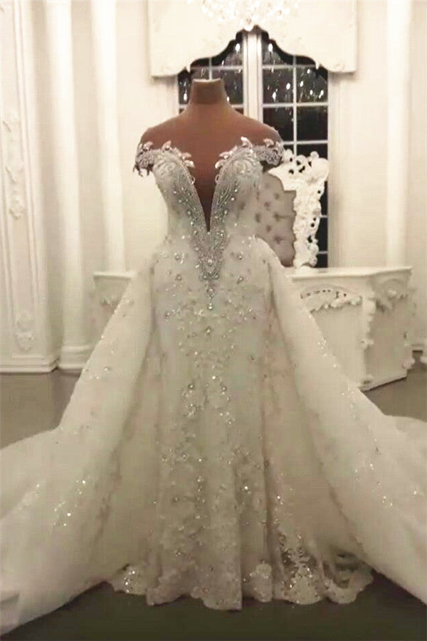 Gorgeous Crystal Lace Off-the-Shoulder V-neck Beading Wedding Dresses with Detachable Overskirt-showprettydress