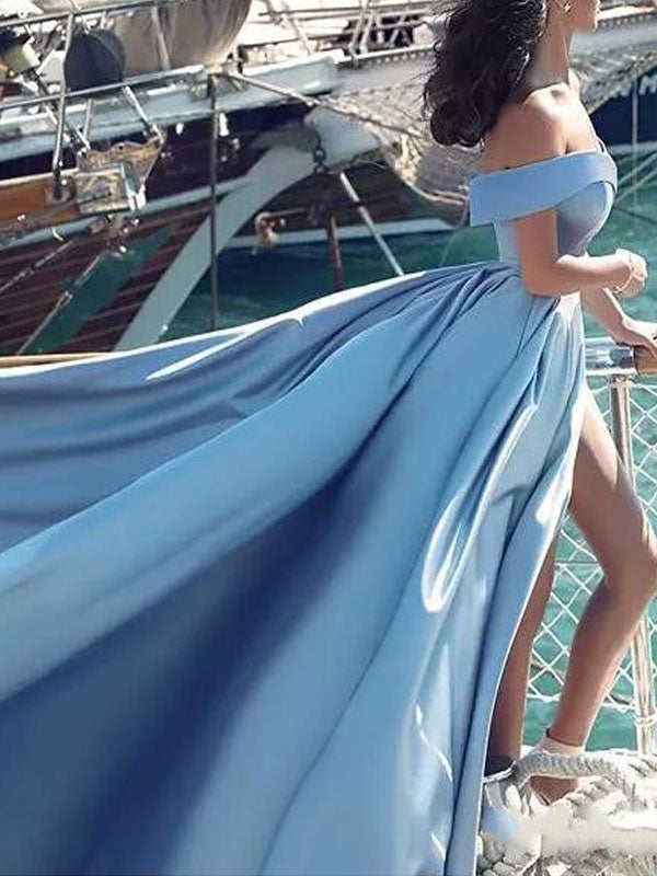 Gorgeous Evening Dress A Line Bateau Neck Satin Fabric Pleated High Split Formal Dinner Dresses With Train-showprettydress