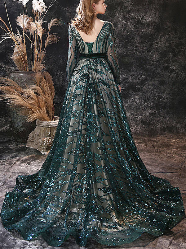 Gorgeous Evening Dress A-Line Jewel Neck With Train Long Sleeves Zipper Lace Lace Formal Party Dresses-showprettydress