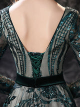Gorgeous Evening Dress A-Line Jewel Neck With Train Long Sleeves Zipper Lace Lace Formal Party Dresses-showprettydress