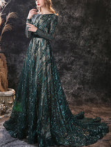 Gorgeous Evening Dress A-Line Jewel Neck With Train Long Sleeves Zipper Lace Lace Formal Party Dresses-showprettydress