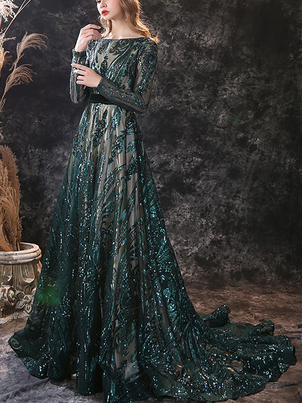 Gorgeous Evening Dress A-Line Jewel Neck With Train Long Sleeves Zipper Lace Lace Formal Party Dresses-showprettydress