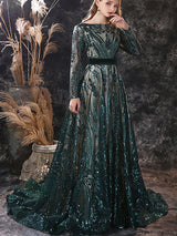 Gorgeous Evening Dress A-Line Jewel Neck With Train Long Sleeves Zipper Lace Lace Formal Party Dresses-showprettydress