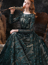 Gorgeous Evening Dress A-Line Jewel Neck With Train Long Sleeves Zipper Lace Lace Formal Party Dresses-showprettydress