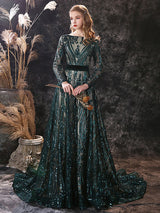 Gorgeous Evening Dress A-Line Jewel Neck With Train Long Sleeves Zipper Lace Lace Formal Party Dresses-showprettydress