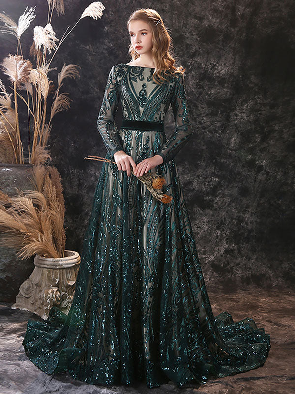Gorgeous Evening Dress A-Line Jewel Neck With Train Long Sleeves Zipper Lace Lace Formal Party Dresses-showprettydress
