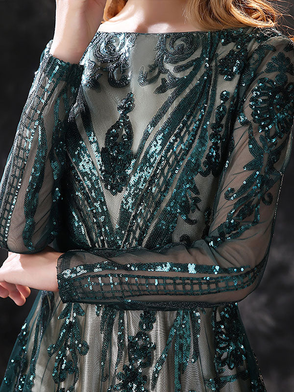 Gorgeous Evening Dress A-Line Jewel Neck With Train Long Sleeves Zipper Lace Lace Formal Party Dresses-showprettydress