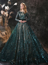 Gorgeous Evening Dress A-Line Jewel Neck With Train Long Sleeves Zipper Lace Lace Formal Party Dresses-showprettydress