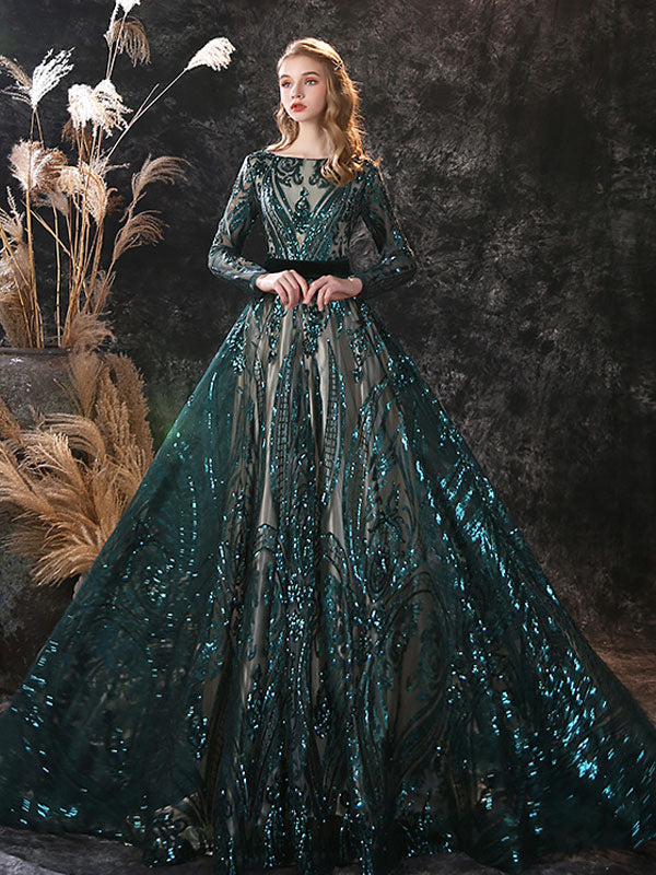 Gorgeous Evening Dress A-Line Jewel Neck With Train Long Sleeves Zipper Lace Lace Formal Party Dresses-showprettydress