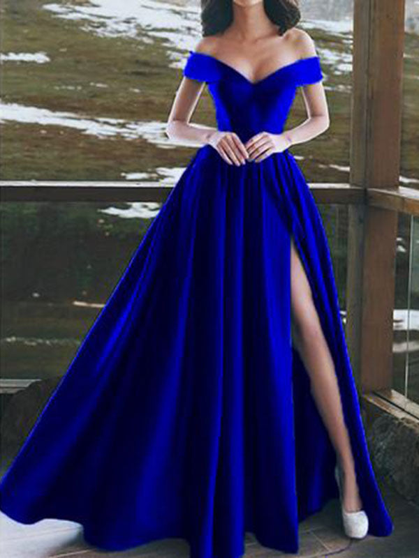 Gorgeous Evening Dress A Line V Neck Satin Fabric Floor Length High Split Formal Dinner Dresses-showprettydress