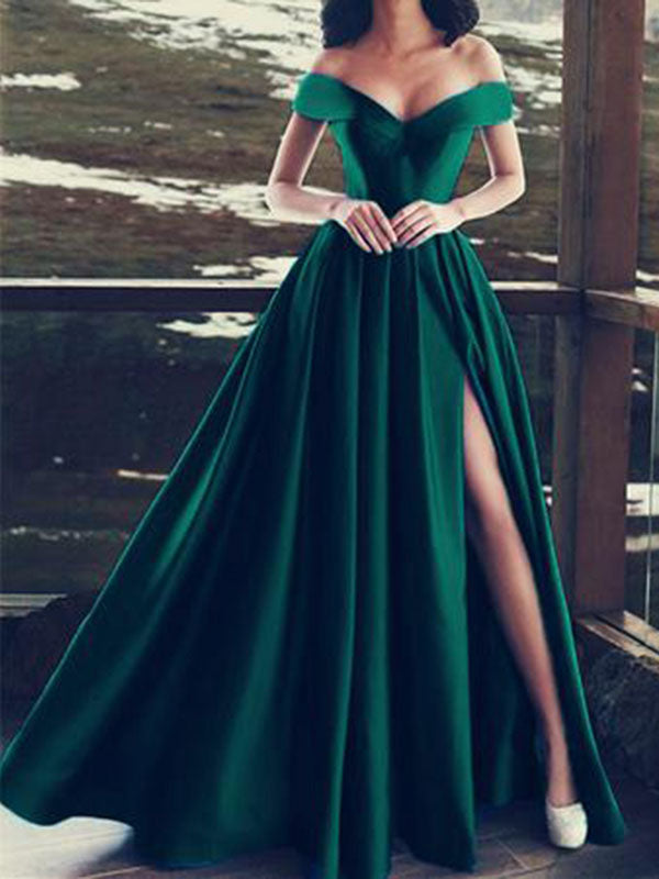 Gorgeous Evening Dress A Line V Neck Satin Fabric Floor Length High Split Formal Dinner Dresses-showprettydress