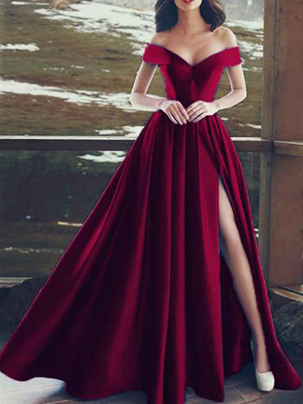 Gorgeous Evening Dress A Line V Neck Satin Fabric Floor Length High Split Formal Dinner Dresses-showprettydress