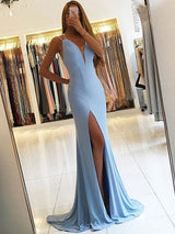 Gorgeous Evening Dress Mermaid V Neck Lycra Spandex Pleated Split Front Formal Party Dresses With Train-showprettydress