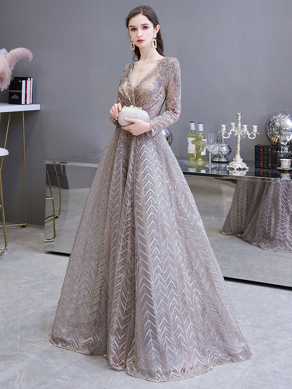 Gorgeous Evening Dress Princess Silhouette V Neck Long Sleeve Lace Sequins Floor Length Social Party Dresses-showprettydress