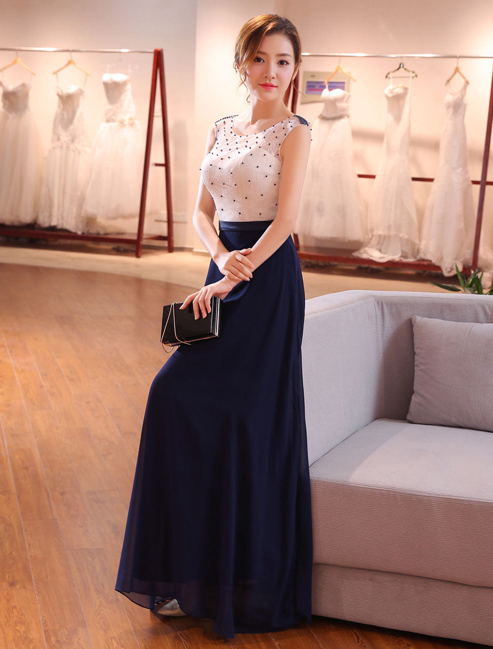 Gorgeous Evening Dresses Dark Navy Lace Formal Dress Illusion Beaded Contrast Color Floor Length Wedding Guest Dress-showprettydress