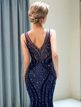 Gorgeous Evening Dresses Dark Navybeading Luxury V Neck Sleeveless Mermaid Formal Gowns-showprettydress