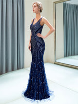 Gorgeous Evening Dresses Dark Navybeading Luxury V Neck Sleeveless Mermaid Formal Gowns-showprettydress
