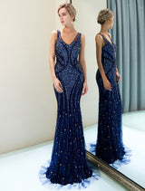 Gorgeous Evening Dresses Dark Navybeading Luxury V Neck Sleeveless Mermaid Formal Gowns-showprettydress
