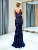 Gorgeous Evening Dresses Dark Navybeading Luxury V Neck Sleeveless Mermaid Formal Gowns-showprettydress