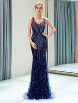 Gorgeous Evening Dresses Dark Navybeading Luxury V Neck Sleeveless Mermaid Formal Gowns-showprettydress