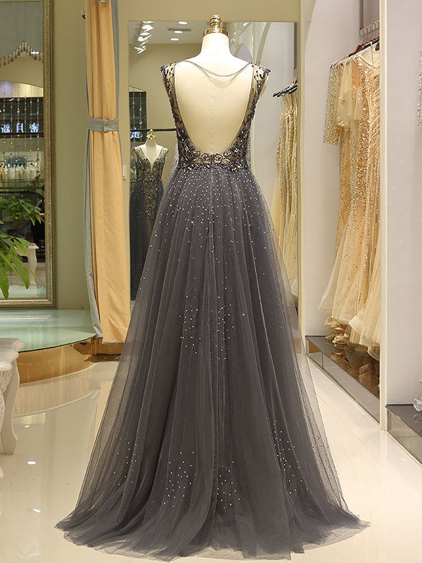 Gorgeous Evening Dresses Grey Luxury Heavy Beaded Tulle Backless V Neck Formal Evening Dress With Train-showprettydress