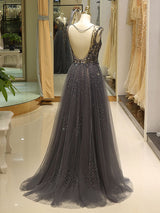 Gorgeous Evening Dresses Grey Luxury Heavy Beaded Tulle Backless V Neck Formal Evening Dress With Train-showprettydress