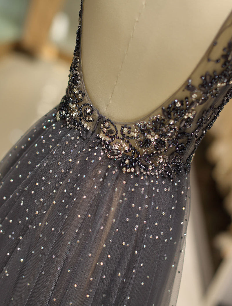 Gorgeous Evening Dresses Grey Luxury Heavy Beaded Tulle Backless V Neck Formal Evening Dress With Train-showprettydress