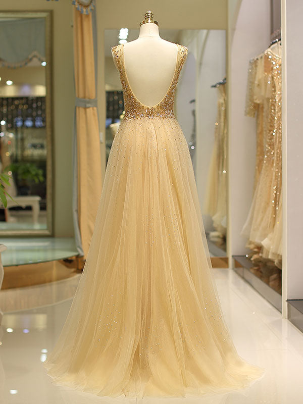 Gorgeous Evening Dresses Grey Luxury Heavy Beaded Tulle Backless V Neck Formal Evening Dress With Train-showprettydress