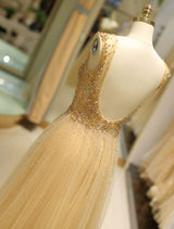 Gorgeous Evening Dresses Grey Luxury Heavy Beaded Tulle Backless V Neck Formal Evening Dress With Train-showprettydress