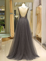 Gorgeous Evening Dresses Grey Luxury Heavy Beaded Tulle Backless V Neck Formal Evening Dress With Train-showprettydress