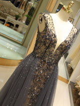 Gorgeous Evening Dresses Grey Luxury Heavy Beaded Tulle Backless V Neck Formal Evening Dress With Train-showprettydress