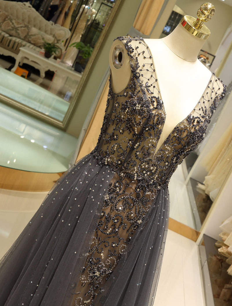 Gorgeous Evening Dresses Grey Luxury Heavy Beaded Tulle Backless V Neck Formal Evening Dress With Train-showprettydress
