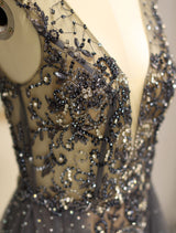 Gorgeous Evening Dresses Grey Luxury Heavy Beaded Tulle Backless V Neck Formal Evening Dress With Train-showprettydress