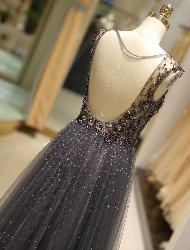 Gorgeous Evening Dresses Grey Luxury Heavy Beaded Tulle Backless V Neck Formal Evening Dress With Train-showprettydress