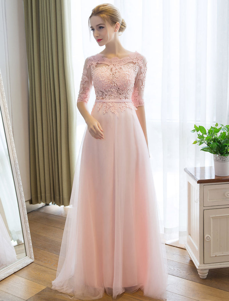 Gorgeous Evening Dresses Long Soft Pink Half Sleeve Lace Tulle Formal Evening Lace Applique Maxi Party Dress-showprettydress