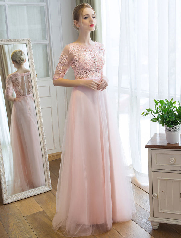 Gorgeous Evening Dresses Long Soft Pink Half Sleeve Lace Tulle Formal Evening Lace Applique Maxi Party Dress-showprettydress