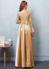 Gorgeous Gold Evening Dress Satin evening dress Lace Applique Wedding Guest Dresses Sash A Line Maxi Mother's Dress wedding guest dress-showprettydress