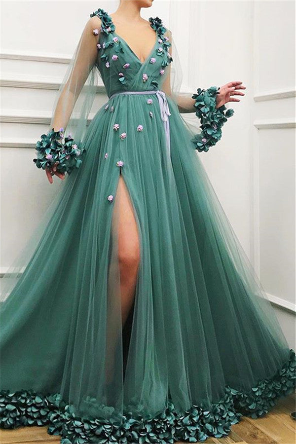 Gorgeous Green Long-Sleeves Tulle Side-Slit A-Line Prom Party Gowns-showprettydress