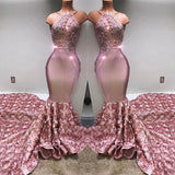 Gorgeous Halter Mermaid Pink Prom Party GownsLace With 3D-Floral Flowers Bottom-showprettydress