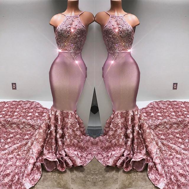 Gorgeous Halter Mermaid Pink Prom Party GownsLace With 3D-Floral Flowers Bottom-showprettydress