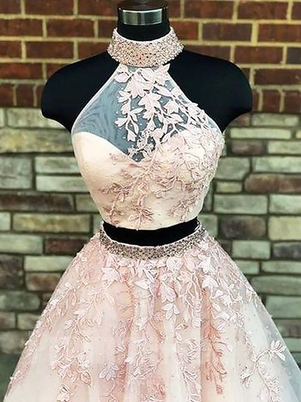 Gorgeous Halter Two Piece Applique Prom Dresses Elegant Lace Up Crystal Evening Dresses with Beads-showprettydress