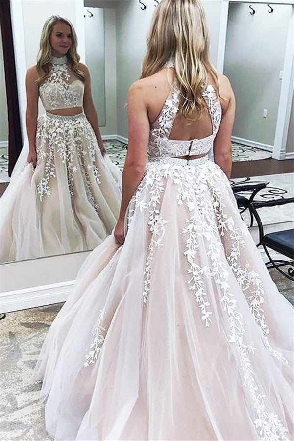 Gorgeous Halter Two Piece Applique Prom Dresses Elegant Lace Up Crystal Evening Dresses with Beads-showprettydress