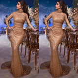 Gorgeous Hign-Neck One-Shoulder Sequins Mermaid Evening Gown-showprettydress