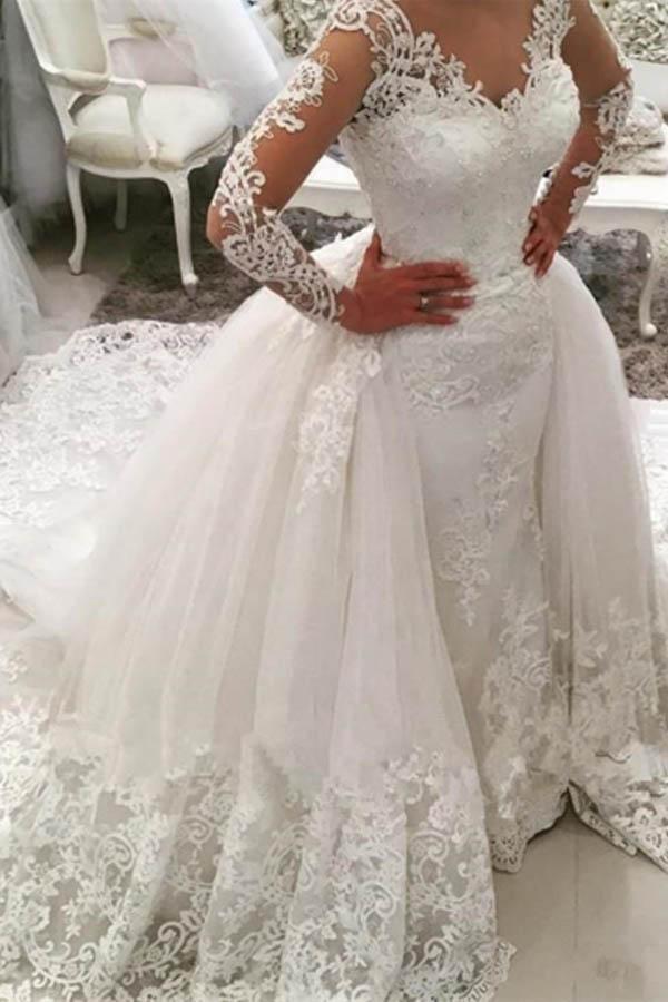 Gorgeous Ivory Long Mermaid V-Neck Appliques Lace Wedding Dress with Sleeves-showprettydress