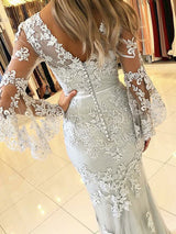 Gorgeous Lace Evening Dress Ivory V Neck Long Sleeve Floor Length Formal Dress Mermaid Party Dresses-showprettydress