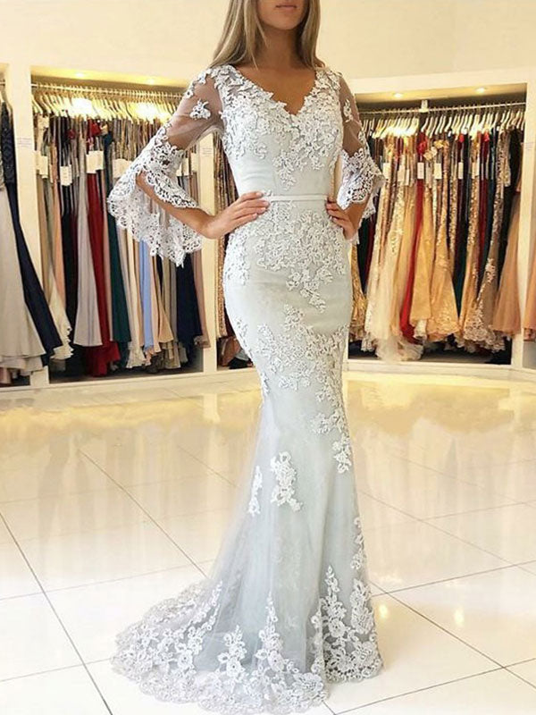 Gorgeous Lace Evening Dress Ivory V Neck Long Sleeve Floor Length Formal Dress Mermaid Party Dresses-showprettydress