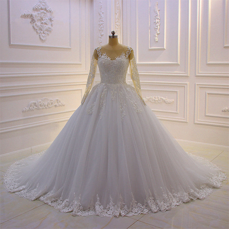 Gorgeous Long A-Line Bateau Pearl Tulle Appliques Lace Wedding Dress with Sleeves-showprettydress
