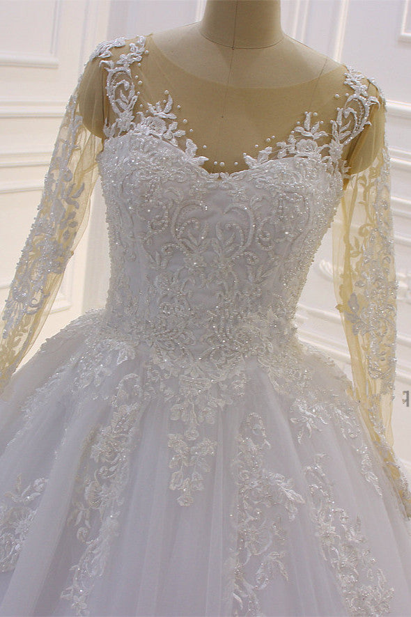 Gorgeous Long A-Line Bateau Pearl Tulle Appliques Lace Wedding Dress with Sleeves-showprettydress